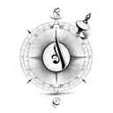 A black and grey tattoo of a tulip with a musical note stem, surrounded by a compass and airplane symbolizing travel and adventure. tattoo design idea