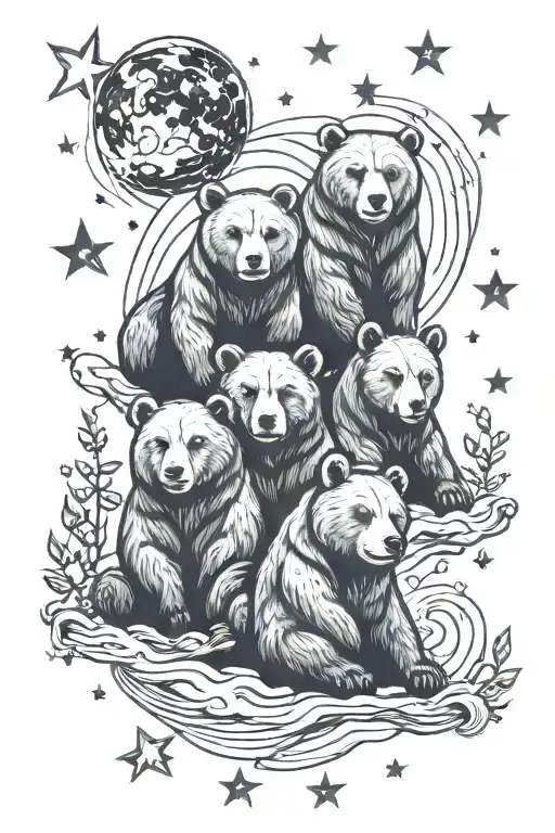 starry night with three bears sitting tattoo design idea