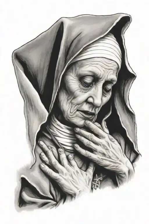a nun with praying hands tied together eyes open looking up tattoo design idea