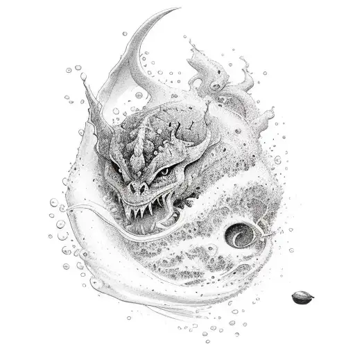 espelho de mão com uma borboleta pousada nele, atrás uma espada larga, um splash de água e acima uma tempestade de raio tattoo design idea