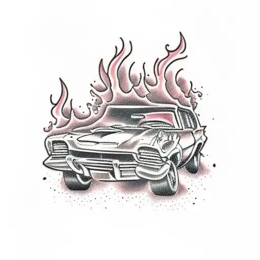 crashed car on fire tattoo design idea