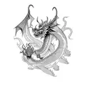 Combining a dragon and a samurai in a dynamic pose tattoo design idea