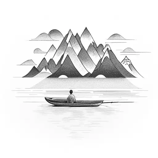 A serene landscape of a peaceful lake surrounded by towering mountains and a small fishing boat in the distance tattoo design idea