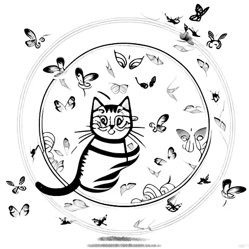 cat on window with butterflies tattoo design idea