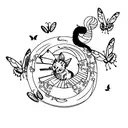 cat on window with butterflies tattoo design idea