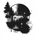 Incorporate the iconic BMW logo into a forest-themed sleeve tattoo, with Sagittarius constellation subtly integrated in the background tattoo design idea