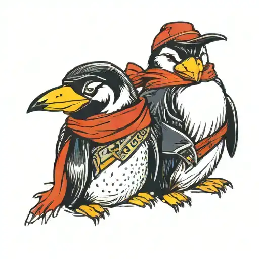 gangsta penguin couple in love. they are wearing red bandanas tattoo design idea