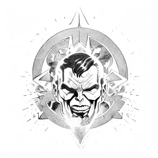 Superman bloody sitting atop a pile of demon skulls and bones. tattoo design idea