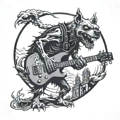 A zombie rock dog playing a guitar on stage On one tattoo design idea
