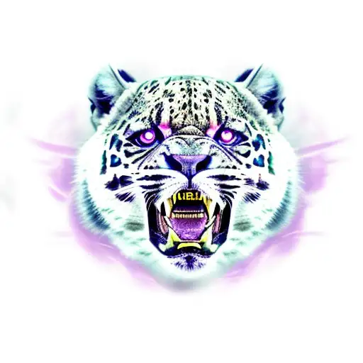 fierce jaguar snarling, Smokey, white, black, grey, turquoise, purple tattoo design idea