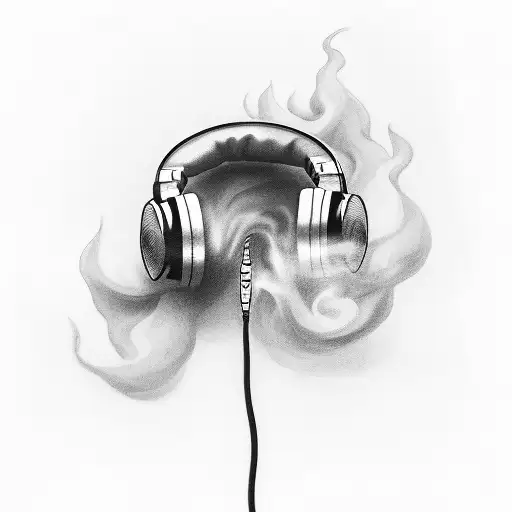 A black-grey tattoo of a student wearing headphones, with smoke forming the shape of musical instruments tattoo design idea