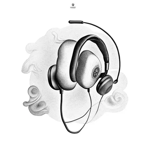 A black-grey tattoo of a student wearing headphones, with smoke forming the shape of musical instruments tattoo design idea