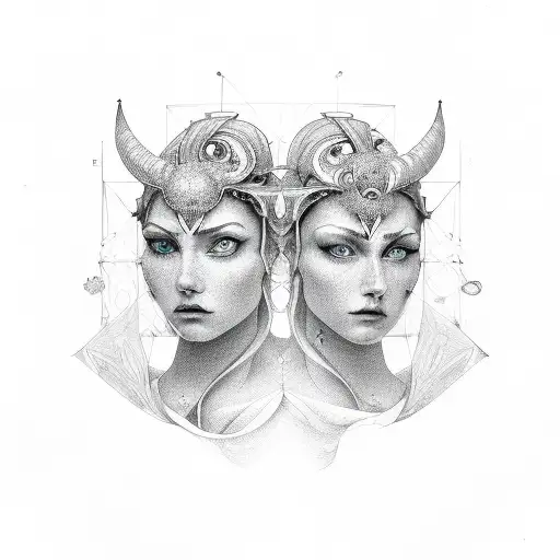 gemini faces linework tattoo design idea