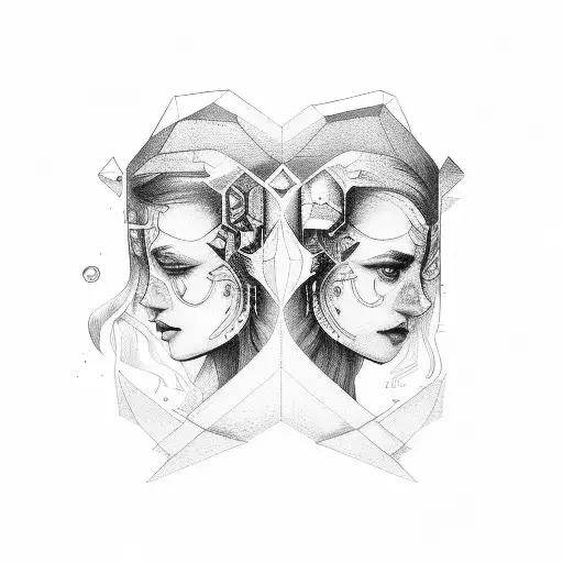 gemini faces linework tattoo design idea