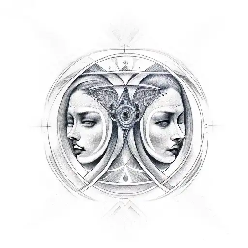 gemini faces linework tattoo design idea