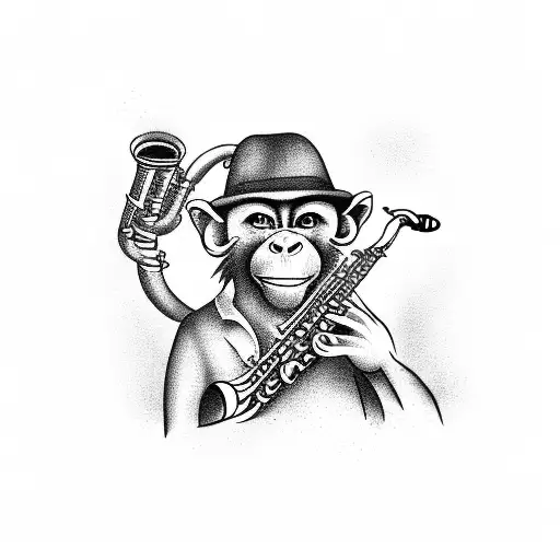A smoking monkey playing a saxophone under a palm tree on a beach tattoo design idea