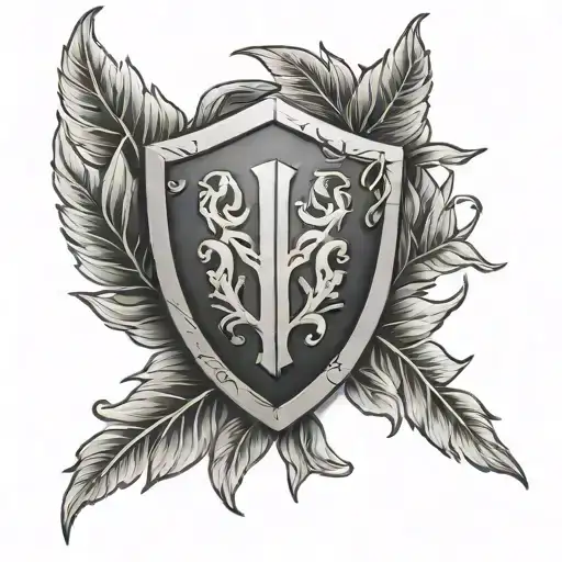 shield and laurel wreath wrapped tattoo design idea