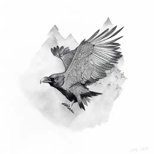 raven in flight wings spread side profile tattoo design idea