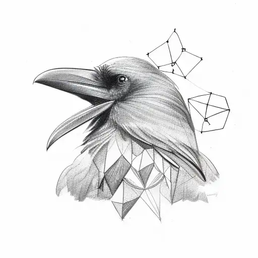 A sketch-style raven with abstract geometric shapes incorporated into its feathers tattoo design idea
