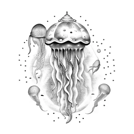 Whale and jellyfish in moon  tattoo design idea
