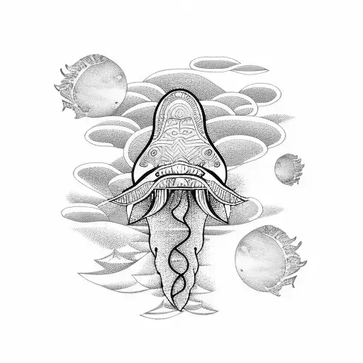 Whale and jellyfish in moon  tattoo design idea