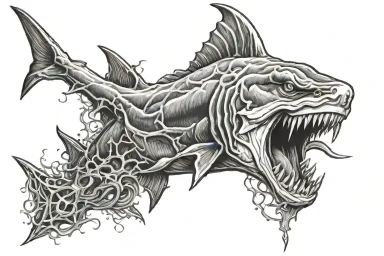 poseidon face trident sea shark bo black and white background tattoo design idea