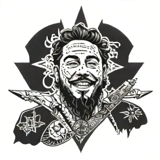 A tattoo of Post Malone's signature face tattoos combined with a traditional dagger design tattoo design idea