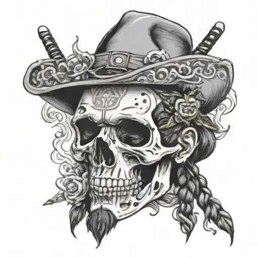 A black and grey tattoo of Post Malone's famous tattoos on a skull and the skull has samurai hat  tattoo design idea