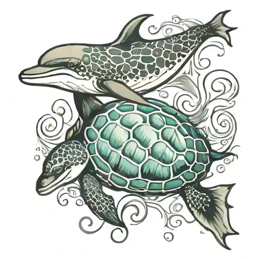 dolphin, sea turtle swimming underwater tattoo design idea