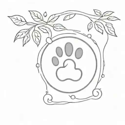 A minimalist tattoo of a cat's paw print with the Eiffel Tower silhouette inside, surrounded by coffee beans tattoo design idea