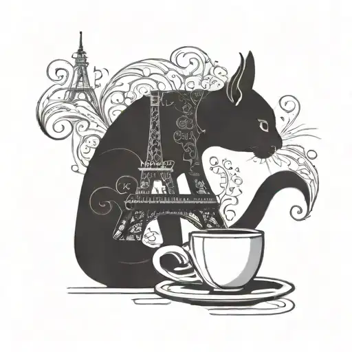 A minimalist design of a cat silhouette drinking coffee in front of the Eiffel Tower, incorporating smoke as a background element tattoo design idea