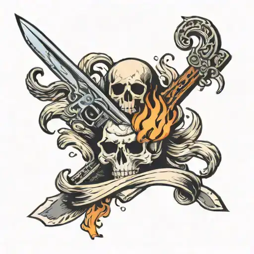 A crossed gun and sword design with flames and skulls intertwined tattoo design idea