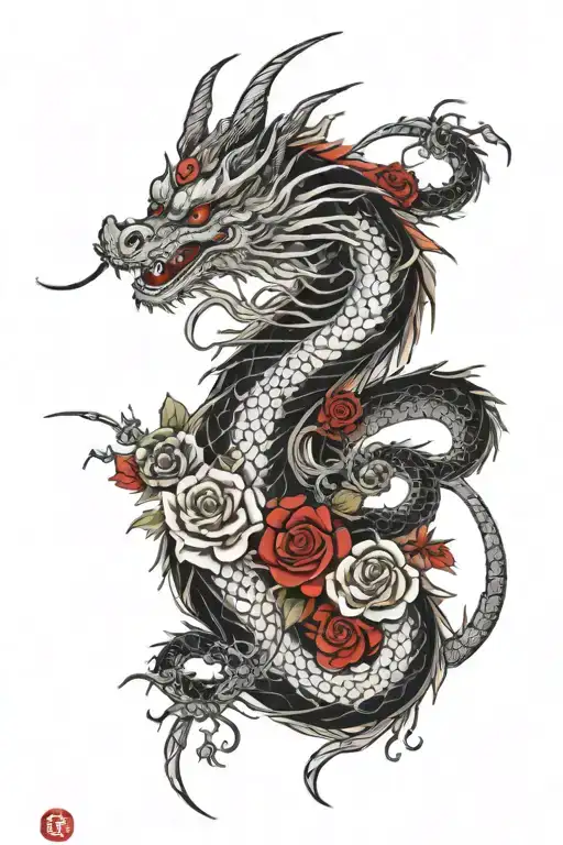 red black and white dragon wrapped with roses blooming tattoo design idea