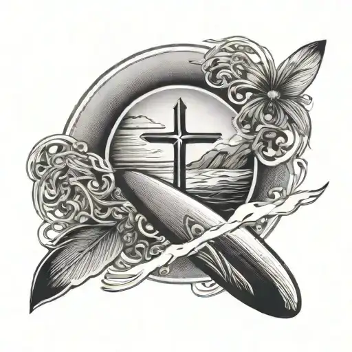 PLAGE AVEC UNE PETITE PLANCHE DE SURF AUTOUR D'UN ROND. AU DESSUS IL Y A UNE CROIX CHRETIENNE ET DES AILES D'ANGE tattoo design idea