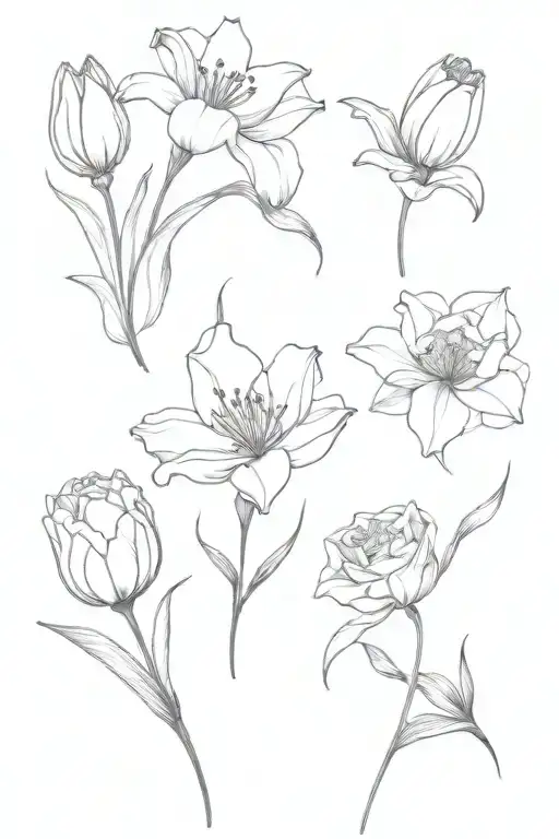 One of each: lily, carnation, tulip flower intertwined tattoo design idea