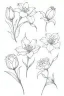 One of each: lily, carnation, tulip flower intertwined tattoo design idea