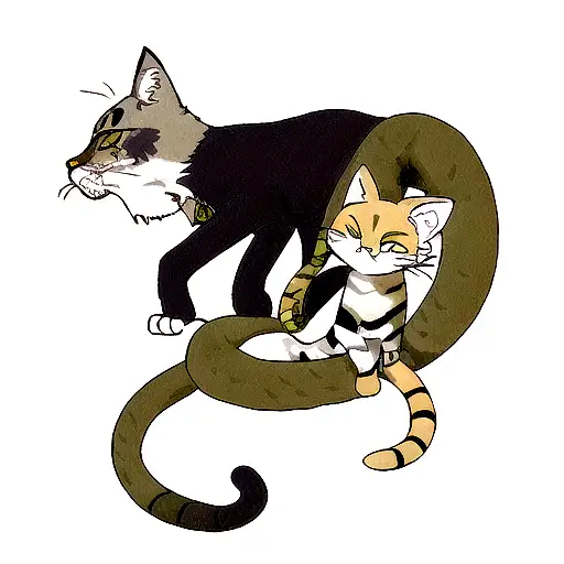 serpiente protegiendo a un leon y un gato del peligro tattoo design idea