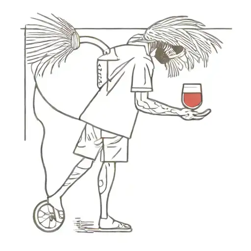 a person who is a coconut, holding a glass of wine in one hand and banknotes in the other, leaning on a crutch tattoo design idea