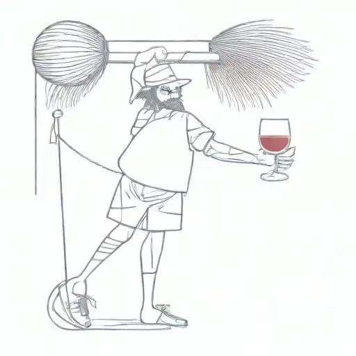 a person who is a coconut, holding a glass of wine in one hand and banknotes in the other, leaning on a crutch tattoo design idea