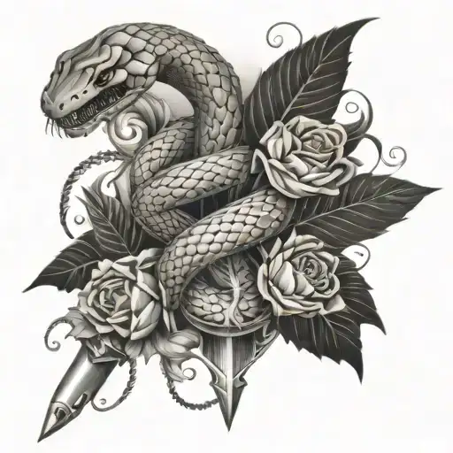 a snake wrapped around a dagger with butterflies flying around  tattoo design idea