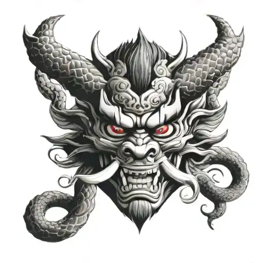 black and white oni mask surrounded by snake tattoo design idea