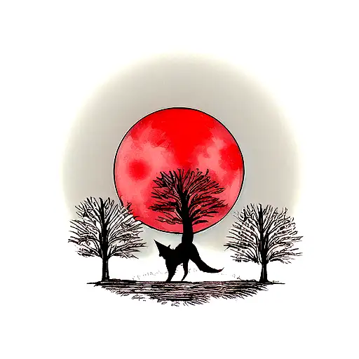 wolf howling under a tree infront of a red moon tattoo design idea