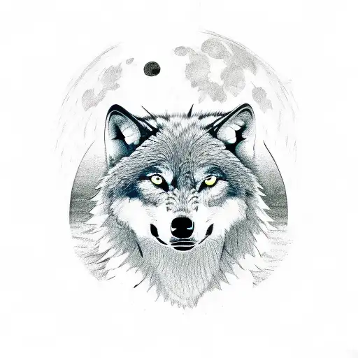 wolf howling under a tree infront of a red moon tattoo design idea