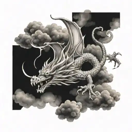 japanese dragon flying with clouds floating tattoo design idea