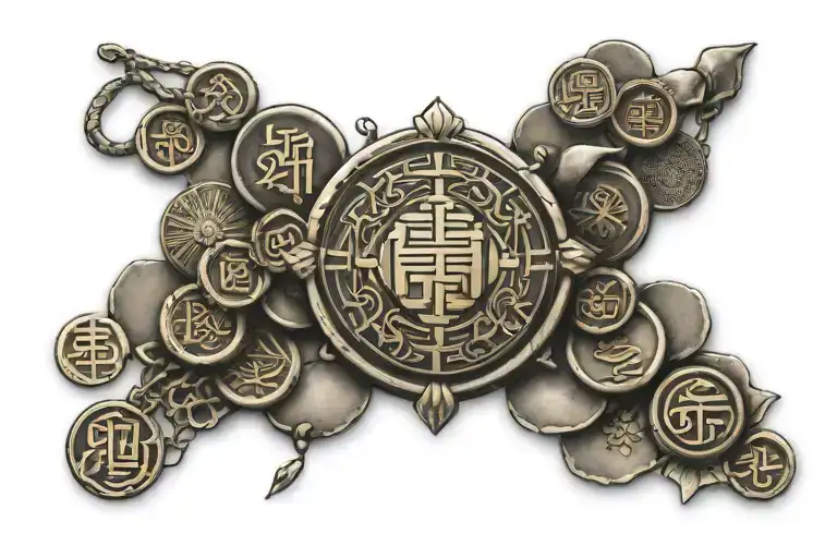 japanese omamari with feng shui coins  tattoo design idea