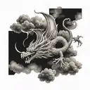 japanese dragon flying with clouds floating tattoo design idea