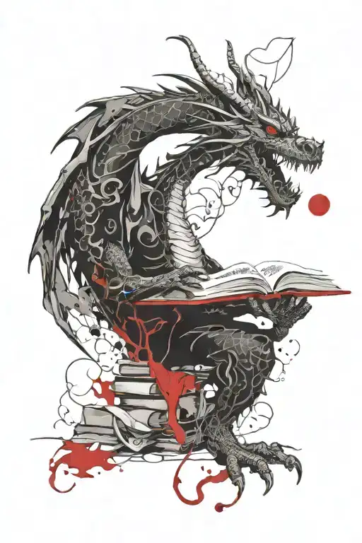 dragon reading a book open tattoo design idea
