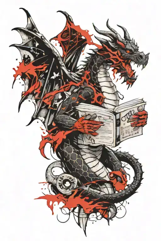 dragon reading book tattoo design idea