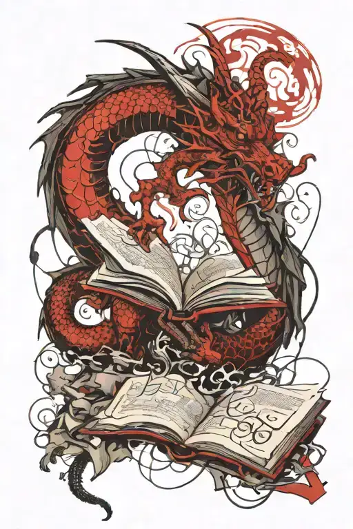 dragon reading a book open tattoo design idea