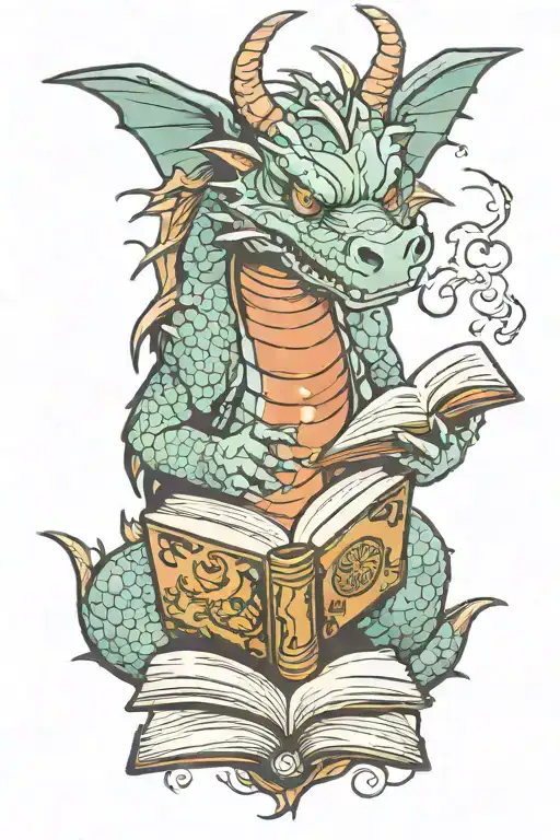 Dragon reading a book open tattoo design idea
